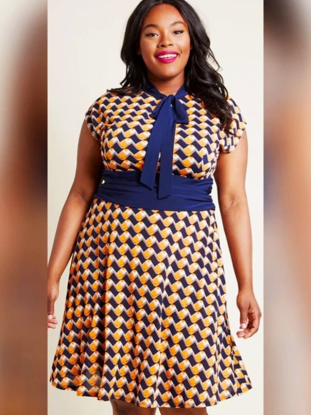 Modcloth Navy Blue, Orange & White Houndstooth Bow Dress